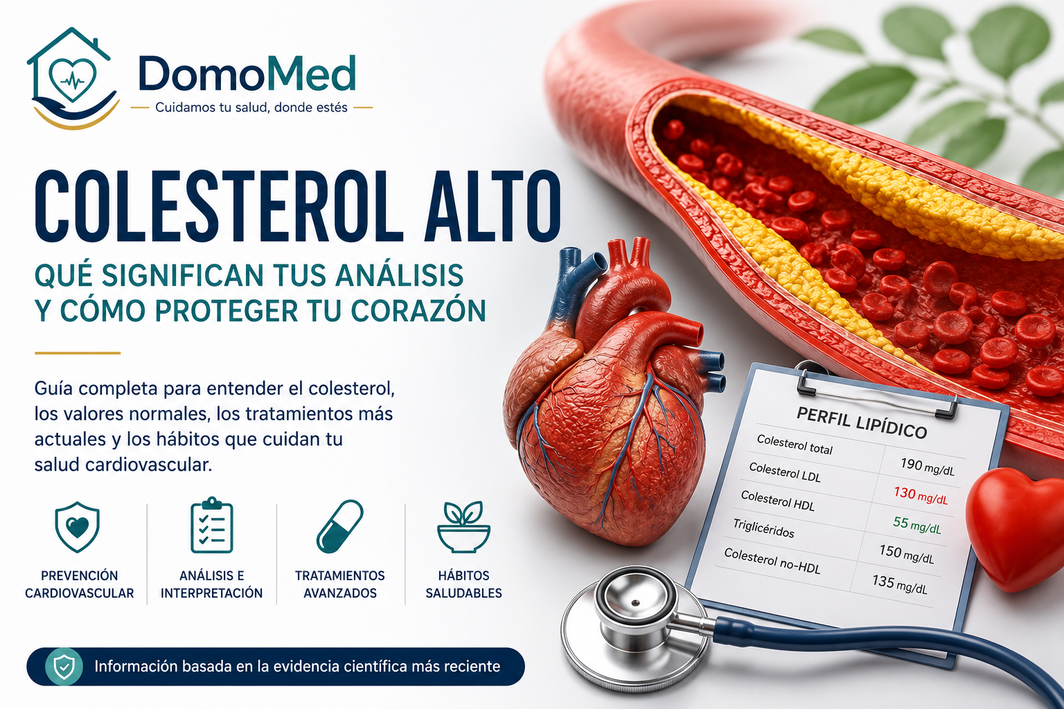 Ilustración médica sobre colesterol alto, colesterol LDL y prevención del riesgo cardiovascular con el equipo de DomoMed Salud