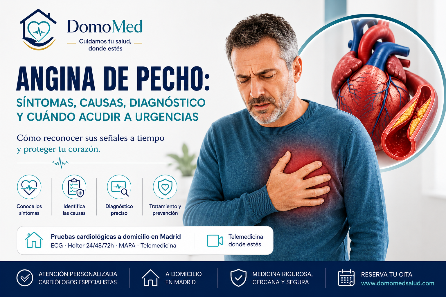 Medical illustration of chest pain, angina symptoms and coronary artery disease by DomoMed Salud