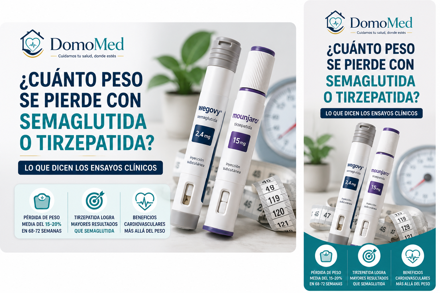 Infografía de DomoMed Salud sobre cuánto peso se pierde con semaglutida y tirzepatida según los principales ensayos clínicos STEP y SURMOUNT.