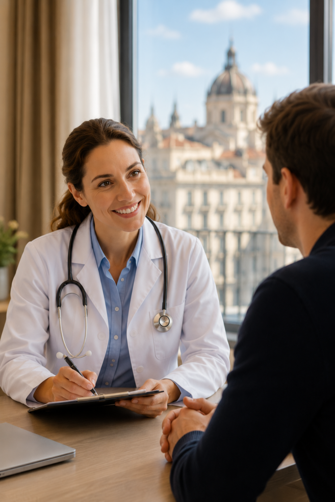 English-speaking doctor consulting an international patient in Madrid.
