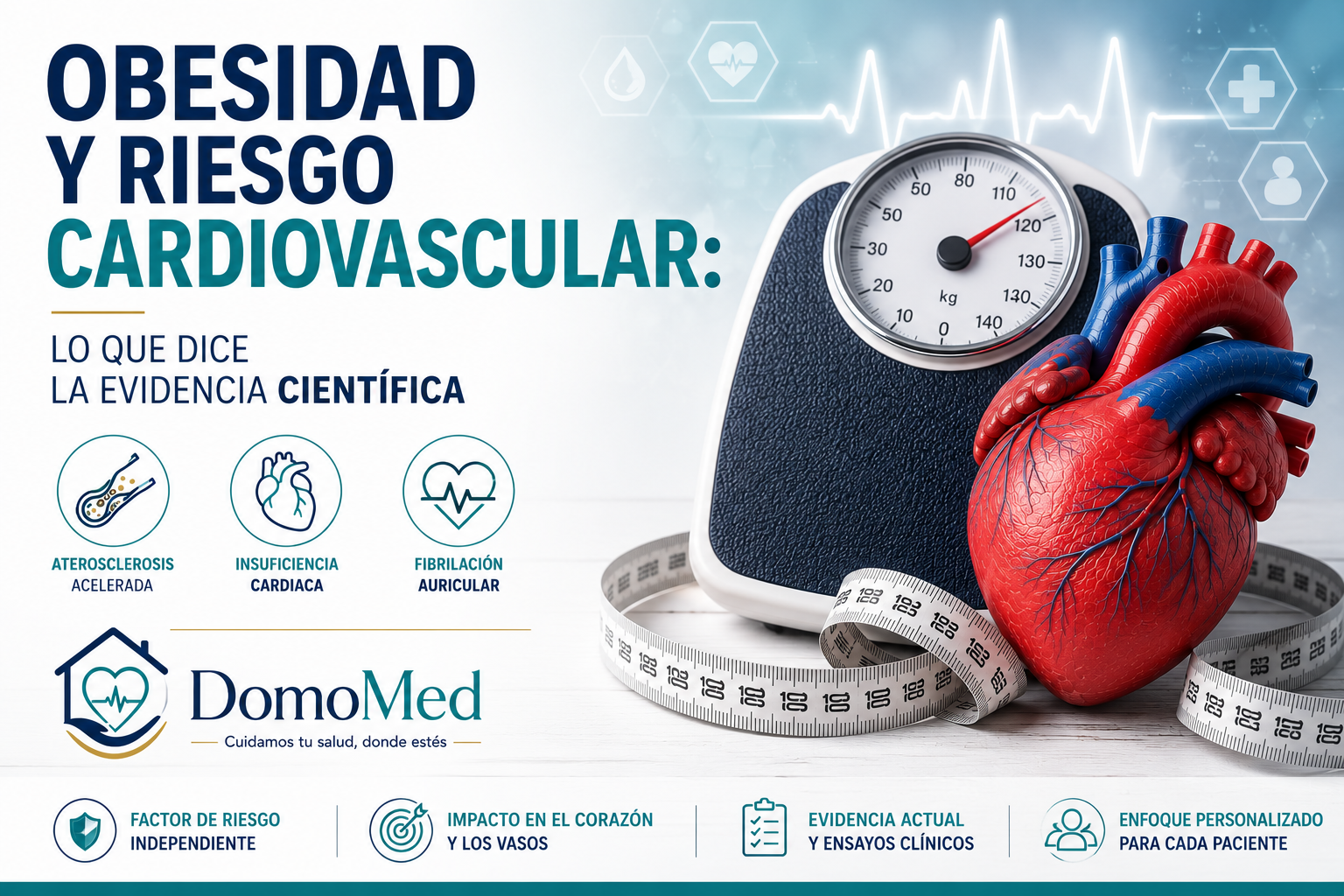 Obesidad y riesgo cardiovascular: ilustración médica con corazón anatómico, báscula y cinta métrica que representa la relación entre la obesidad y el riesgo de infarto, insuficiencia cardiaca y fibrilación auricular.