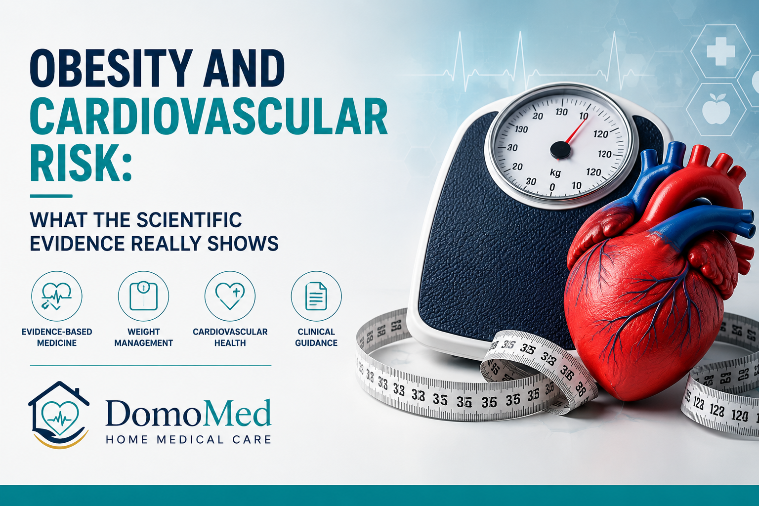 Illustration of an anatomical heart, weighing scale and measuring tape representing the relationship between obesity and cardiovascular risk based on current scientific evidence.